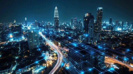 Night cityscape with glowing network, aerial view