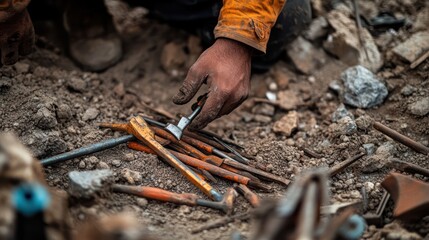A construction worker's hand organizes and sorts tools on the ground, ensuring efficiency and readiness at the site.