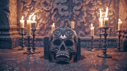 Ornate metallic skull placed on an altar surrounded by lit candles. Carved stone background. Warm lighting. Gothic ritual setting. - Powered by Adobe
