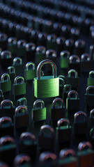 Obraz premium Close-up of numerous padlocks, one green, others dark, illustrating a concept of data security or unique identity within a system