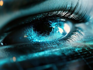 AI-driven vision algorithms. Close-up of an eye with a futuristic digital overlay in blue tones.