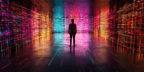 AI-driven vision algorithms. A figure stands in a vibrant, abstract digital space filled with colorful lines.