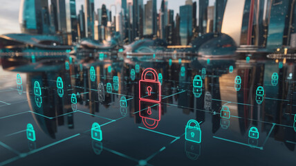 Network security concept image showcasing numerous digital padlocks on a reflective surface with a blurred cityscape background, symbolizing data protection and urban technology