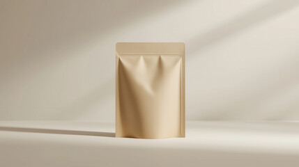 Minimalist mockup of a beige paper pouch centered against a neutral, light background