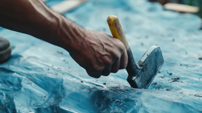A construction worker's hand secures a tarp with a hammer and nails, ensuring stability and protection on-site.