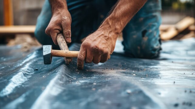 A construction worker's hand secures a tarp with a hammer and nails, ensuring stability and protection on-site.