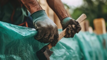 A construction worker's hand secures a tarp with a hammer and nails, ensuring stability and protection on-site.