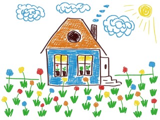 Like children drawing house and grass and flowers the sun and clouds on white background 
