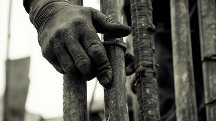 A construction worker's hand secures scaffolding poles, ensuring stability and safety during a building project.