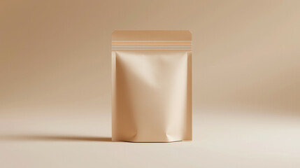 Minimalist mockup of a beige paper pouch centered against a neutral, light background