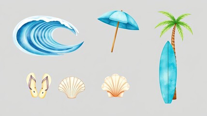 Summer Beach Vacation Ocean Wave Surfboard Palm Tree Shells Flip Flops Umbrella