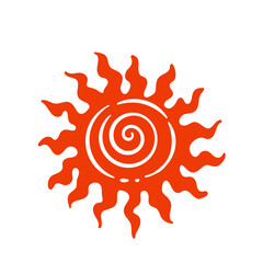 Summer sun with rays and spiral pattern. Ethnic tribal ornament inside solar circle. Wild west, Indian tribe decoration mascot, native cartoon sun and sunbeams vector illustration