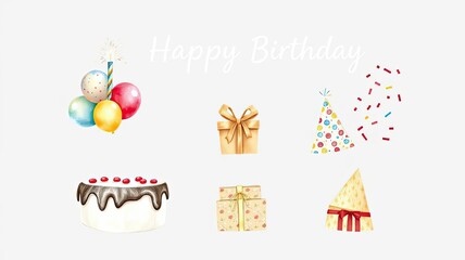 Naklejka premium Festive Birthday Party Watercolor Cake Balloons Gifts Hats Confetti