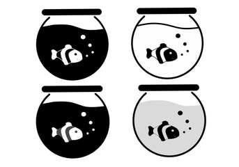 Aquarium Set. Collection of black, white and gray round Aquariums in cartoon style. Vector illustration. Round aquarium filled with water with a fish isolated on white background