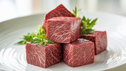 Close-up of raw beef cubes, marbled texture, arranged on white plate with green garnish, showcasing premium meat quality for culinary or restaurant use