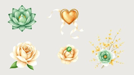 Elegant Floral Heart Design Elements Wedding Spring Botanical Illustrations