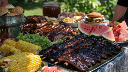 Obraz premium Summer BBQ Feast: Grilled Ribs Burgers and More!