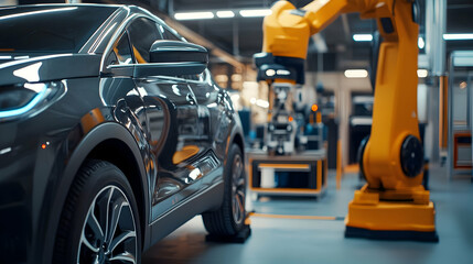 Fototapeta premium Car Assembly Line: Industrial Robot Manufacturing Electric Vehicle