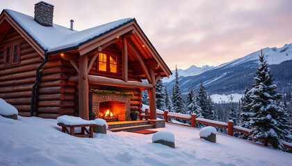 A snowy wooden cabin nestled in the white mountain landscape during the cold winter season
