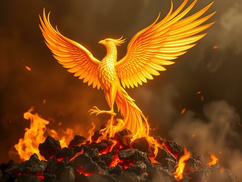 Phoenix Ascending: A majestic phoenix bursts forth from flames, wings spread wide in a symbol of rebirth and resilience, rendered with photorealistic detail and a warm, dramatic palette.
