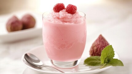 Pink dessert smoothie with raspberries, figs, and mint on a white plate