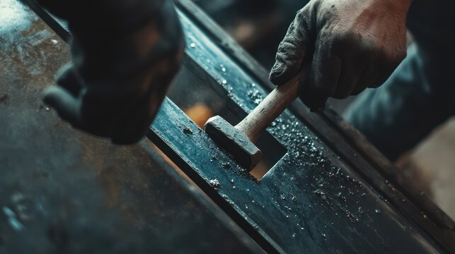 A construction worker's hand taps a hammer to precisely adjust a steel frame's position on-site.