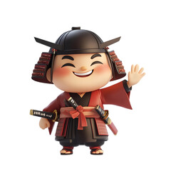 Smiling Cartoon Samurai Boy With Sword In Red Kimono