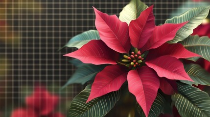 Obraz premium Elegant poinsettia with deep crimson petals and glossy green leaves, displayed on transparent background, smooth and polished textures, crisp focus, clean lines, and festive and decorative design.
