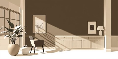 Obraz premium Sunlit Modern Living Room Interior Design Minimalist Beige Brown Decor