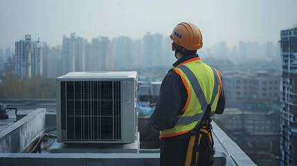 Industrial Worker Inspecting Air Conditioning Unit on Rooftop