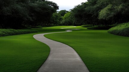 Fototapeta premium Serene pathway meandering through lush greenery. A paved walkway winds through a vibrant, well-maintained lawn, bordered by dense trees and shrubs. 