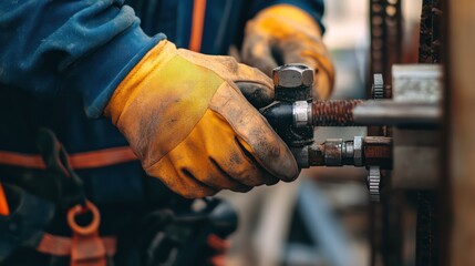 A construction worker's hand tightens a clamp on equipment, ensuring a secure hold for stability on-site.