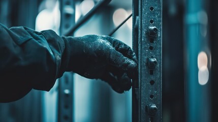 A construction worker's hand tightens screws on a steel framework, ensuring a secure and stable structure on-site.