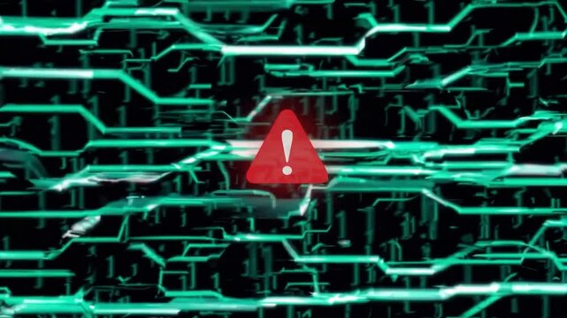 Seamless loop Abstract Digital Background Featuring Green Circuit Lines and a Red Warning Sign, Indicating a Potential System Error or Alert in a High-Tech Environment