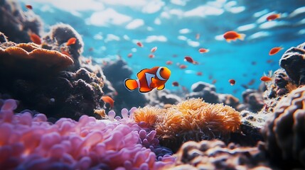 Fototapeta premium Ocean's Embrace: A vibrant underwater scene teeming with life, featuring a clownfish gracefully navigating through a colorful coral reef, evoking a sense of wonder and serenity. 