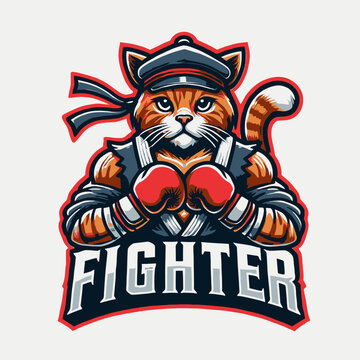 Ilustra&ccedil;&atilde;o de um gato boxeador em estilo mascote colorido, feita em formato vetorial gr&aacute;fico premium, perfeito para logotipo em fundo clipart com detalhes vibrantes e energia din&acirc;mica