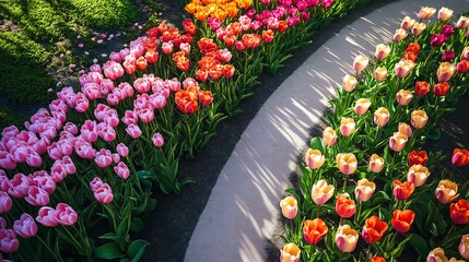 Fototapeta premium Colorful array of tulips in a spring garden path