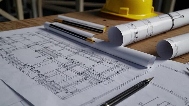 Detailed Architectural Blueprints and Documents Spread Across a Wooden Surface with Scattered Tools and Drawing Instruments Nearby for Analysis and Design Review