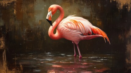 Flamingo in the water with one leg raised, showcasing its elegant posture and vivid pink tones, softly lit by diffused sunlight for a tranquil aesthetic.