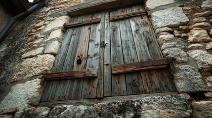 Aged wooden shutters on a stone wall