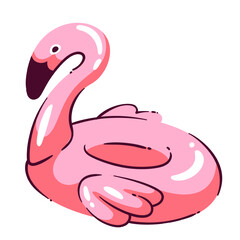 Inflatable pink flamingo ring. Toy of beach party, kids lifesaver for sea beach. Summer vacation mascot, cartoon flamingo floater for swimming in water cartoon vector illustration