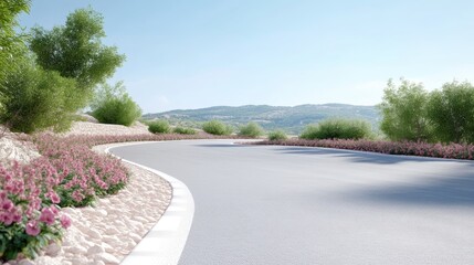 Scenic winding road through a hillside landscape. Lush greenery, vibrant pink flowers, and a clear blue sky create a peaceful, tranquil atmosphere