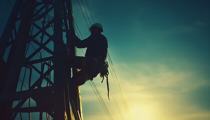 With a futuristic network overlay illustrating the links between power systems, a maintenance engineer works on a high-voltage transmission tower