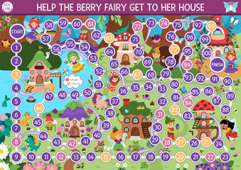 Woodland fairy dice board game for children with magic forest background. Fairytale princess boardgame.  Tabletop activity, printable worksheet for kids. Help berry girl get to house
