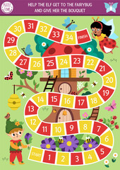 Woodland fairy dice board game for children with magic forest background. Fairytale princess boardgame.  Tabletop activity, printable worksheet for kids. Help elf get to fairy bug