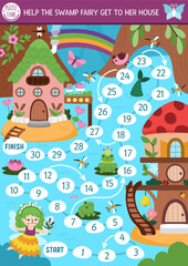 Woodland fairy dice board game for children with magic forest background. Fairytale princess boardgame.  Tabletop activity, printable worksheet for kids. Help swamp girl get to house