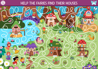 Fun maze for kids with woodland fairies, houses, magic forest landscape. Fairytale princess preschool printable activity with cute girls with wings. Labyrinth game, puzzle with berry, acorn, treehouse