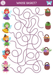 Fun maze for kids with woodland fairies and baskets with berry, mushroom, acorn, flower. Fairytale princess preschool printable activity with cute girls, wings. Magic forest labyrinth game, puzzle