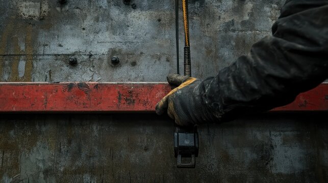 A construction worker's hand operates a hydraulic jack, carefully lifting a heavy beam into position on-site.