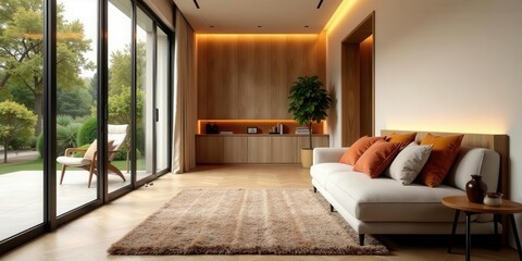 Fototapeta premium Modern living room interior design with minimalist furniture and calming earth tones